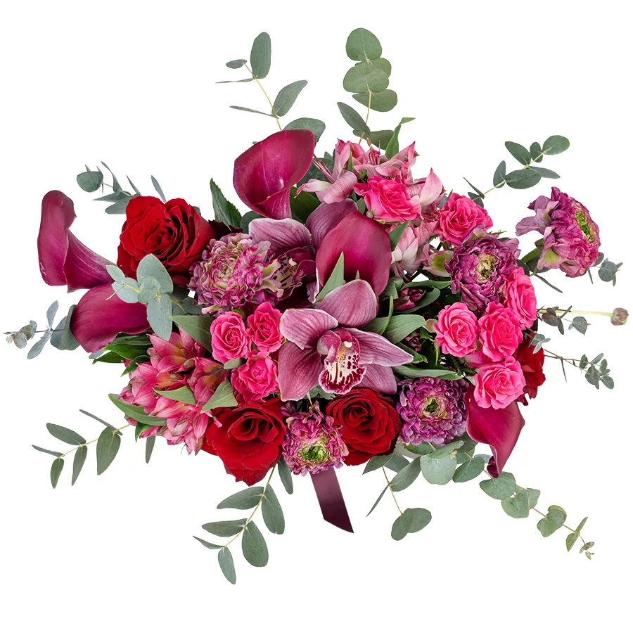 Букет из роз, кустовых роз, орхидей, калл, ранункулюсов и альстромерий (03096)