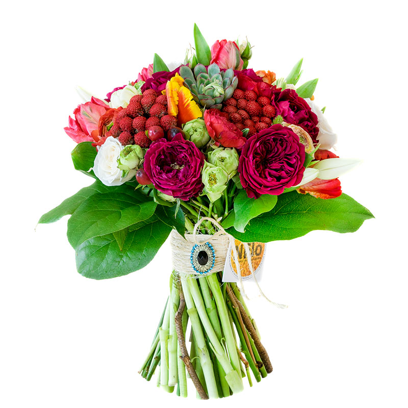 Букет из роз Дэвида Остина, попугайных тюльпанов и ранункулюсов с эхевериями (00472)