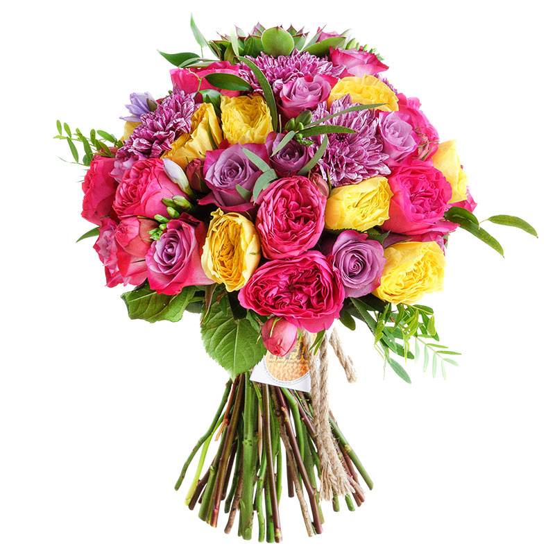 Букет из пионовидных роз, хризантем и фрезий с эхеверией (00594)