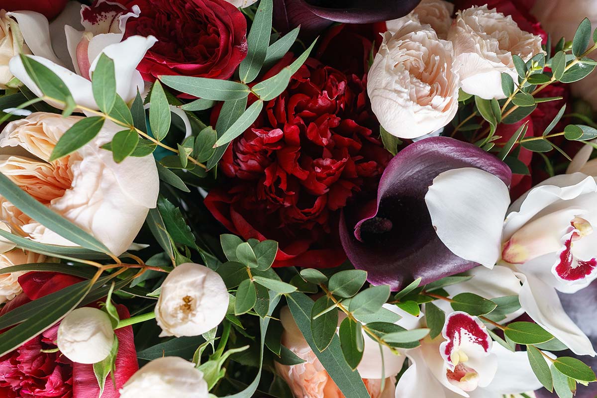 Букет из пионов, роз Дэвида Остина, орхидей, ранункулюсов и калл (00937)