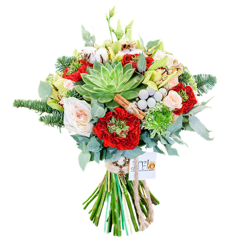 Букет из роз, орхидей, ранункулюсов и эустом с хлопком и эхеверией (01000)