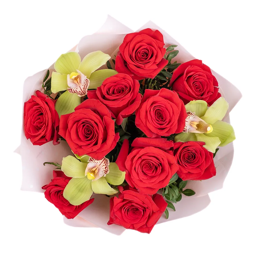Букет из 13 цветов — красных роз Фридом и зеленых орхидей Цимбидиум (02468)