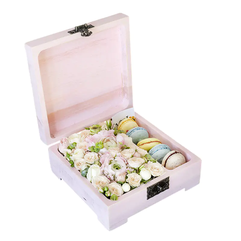 Шкатулка с цветами и макарони (маленькая розовая) (00721)
