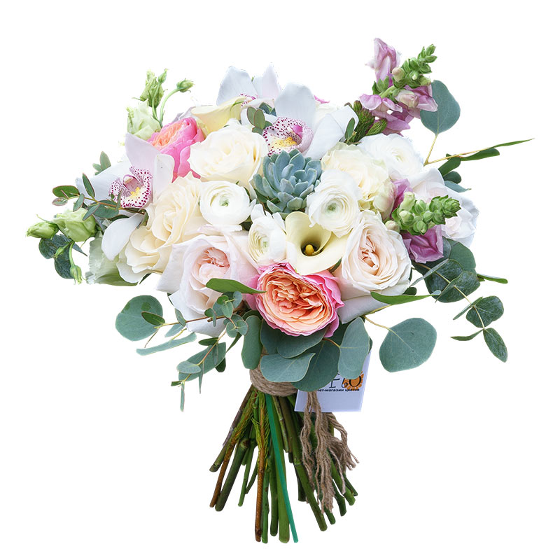 Букет из роз, орхидей, ранункулюсов, калл и эустом с эхевериями (00988)