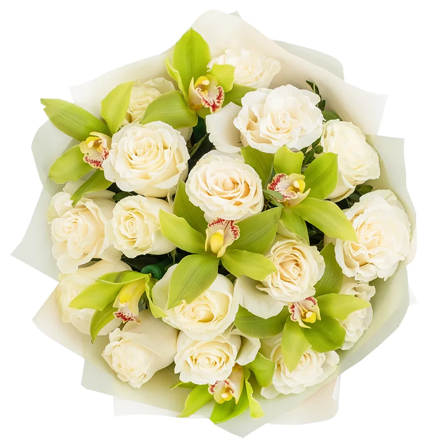 Букет из 23 цветов — белых роз Мондиаль и зеленых орхидей Цимбидиум (02480)