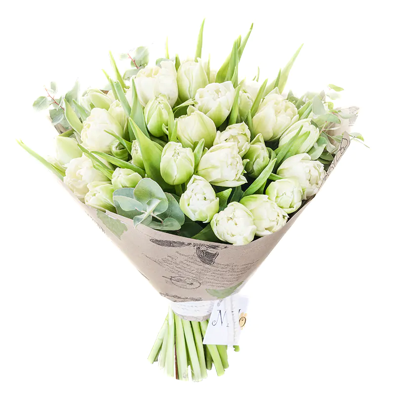 Букет из 49 белых махровых тюльпанов Вайт Херт в крафте (01070)