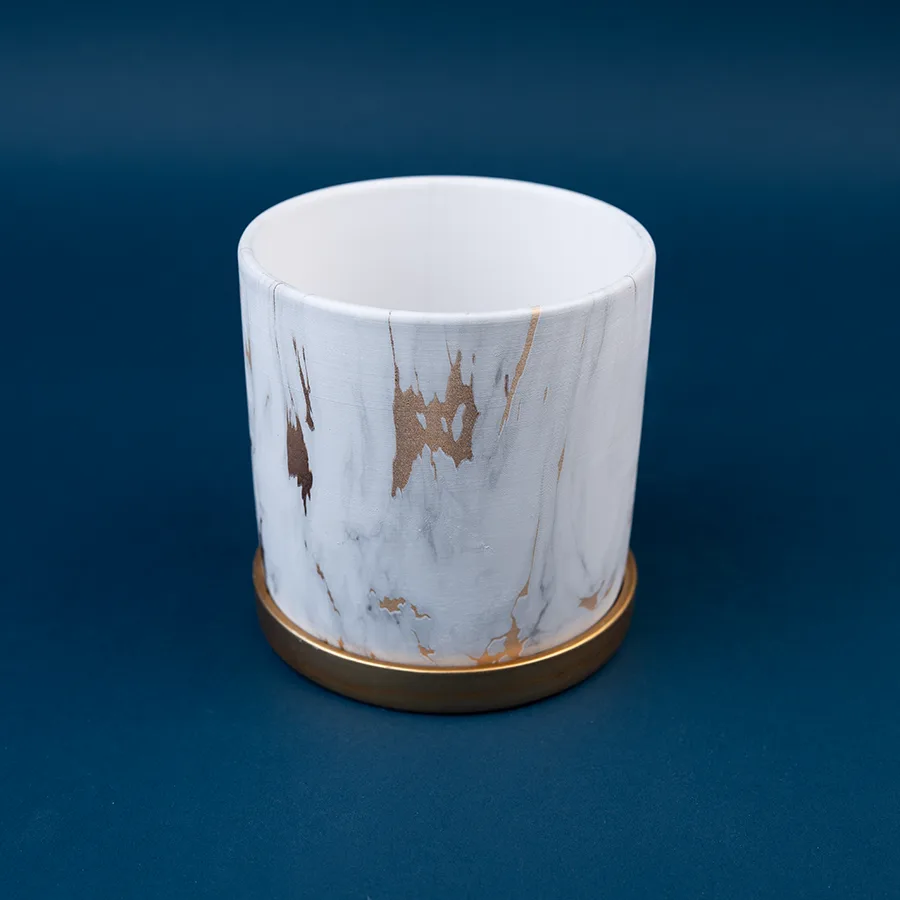 Кашпо керамическое белое с золотом цилиндр 13,5 см (02900)