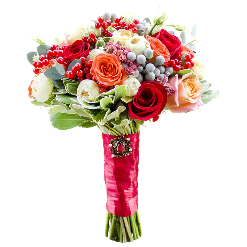 Свадебный букет из роз и эустом с калиной (00315)