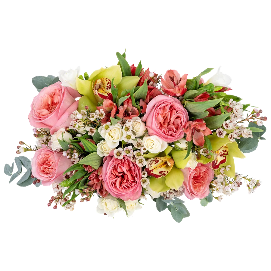 Букет из роз, орхидей, альстромерий и фрезий с хамелациум (03841)