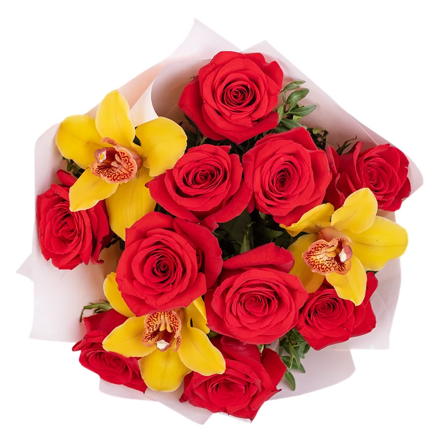 Букет из 13 цветов — красных роз Фридом и желтых орхидей Цимбидиум (02479)