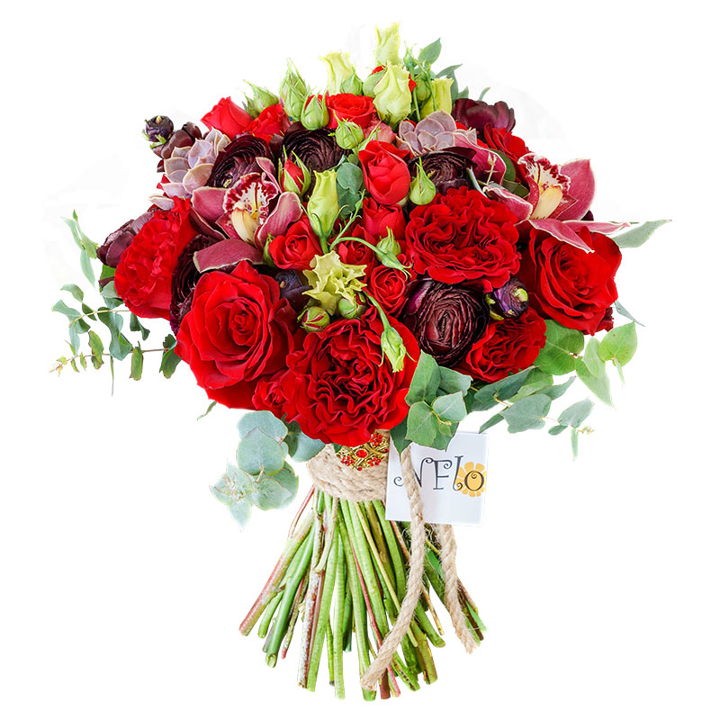 Букет из роз, орхидей, ранункулюсов и эсутом с эхевериями (01027)