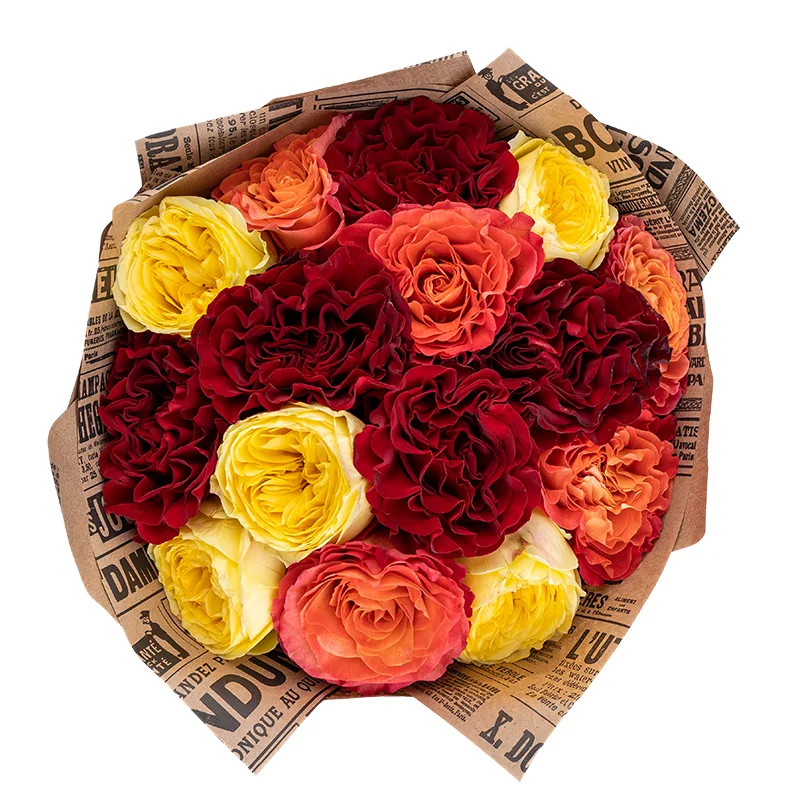 Букет из 15 красных, жёлтых и оранжевых садовых роз (01869)