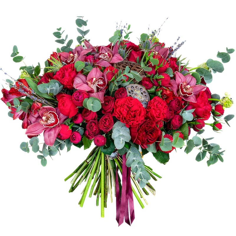 Букет из пионовидных роз, орхидей и альстромерий с лотосом (01122)