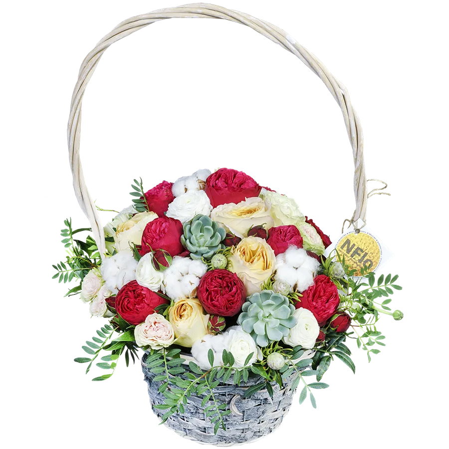 Корзина с розами, ранункулюсами, хлопком и эхевериями (00673)
