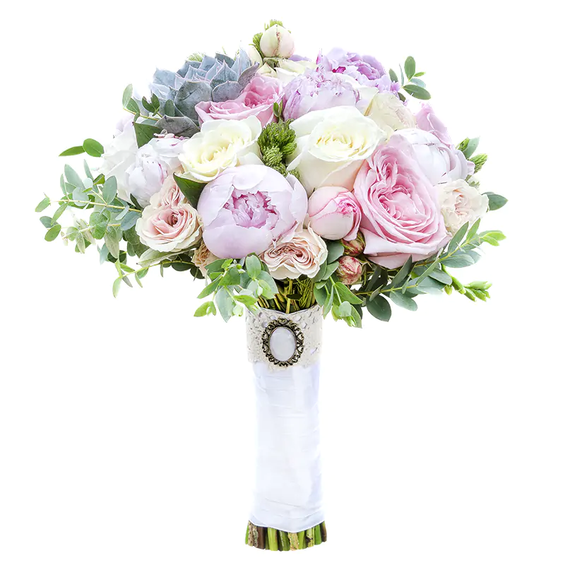 Свадебный букет из пионов, роз, фрезий и эхеверии (00578)