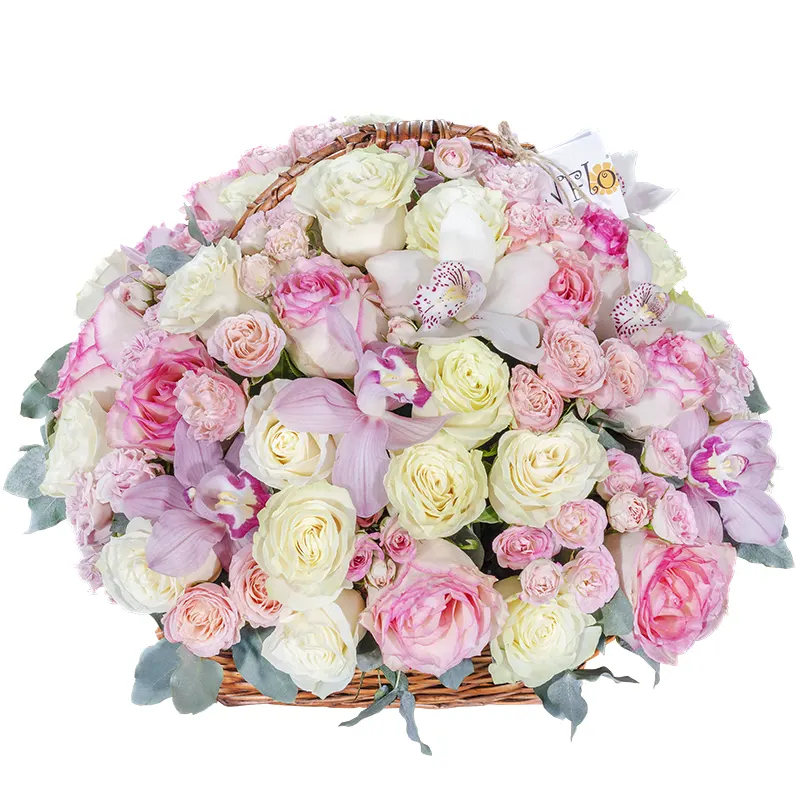 Большая корзина с нежными розами, кустовыми розами и орхидеями (01080)