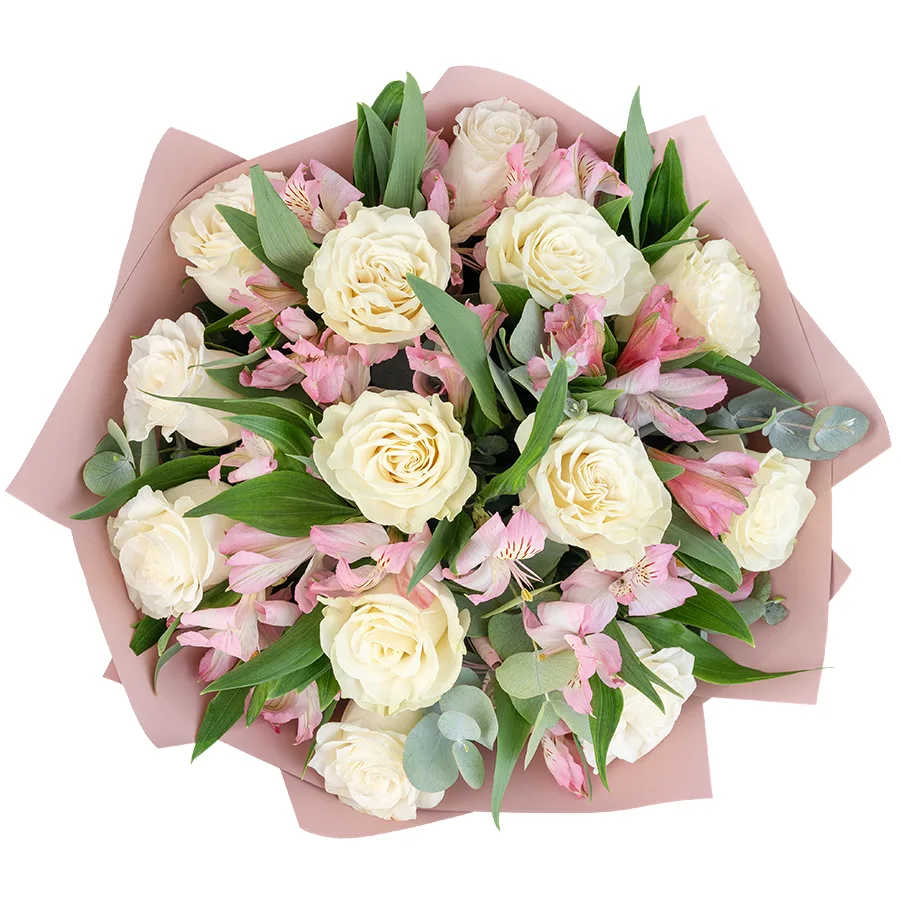 Букет из 19 цветов — белых роз Мондиаль и розовых альстромерий (03231)