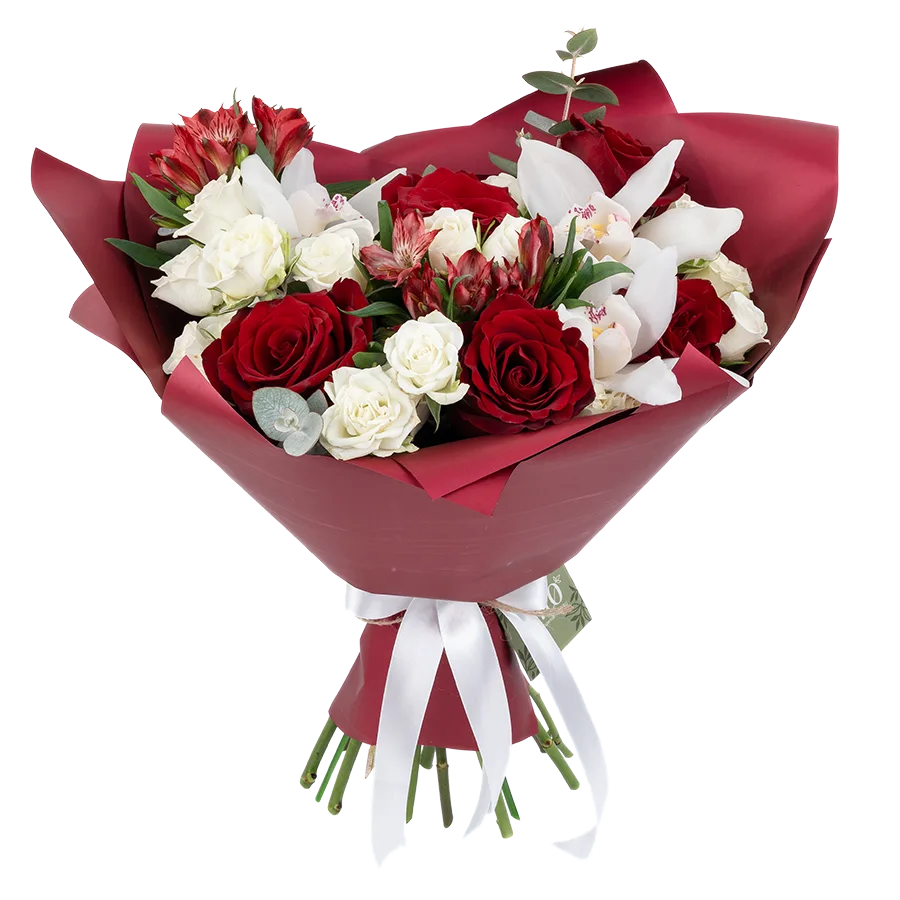 Букет из роз, кустовых роз, орхидей и альстромерий (03838)