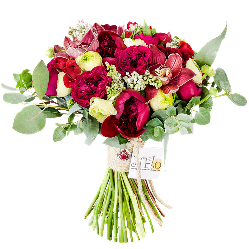Букет из пионов, роз Дэвида Остина, орхидей и ранункулюсов с сиренью (00934)