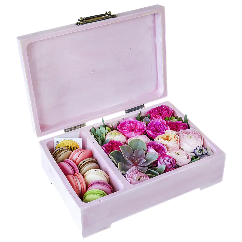 Шкатулка с цветами и макарони (большая розовая) (00760)