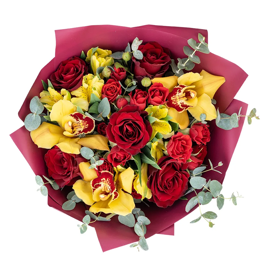 Букет из роз, кустовых роз, орхидей и альстромерий (02930)