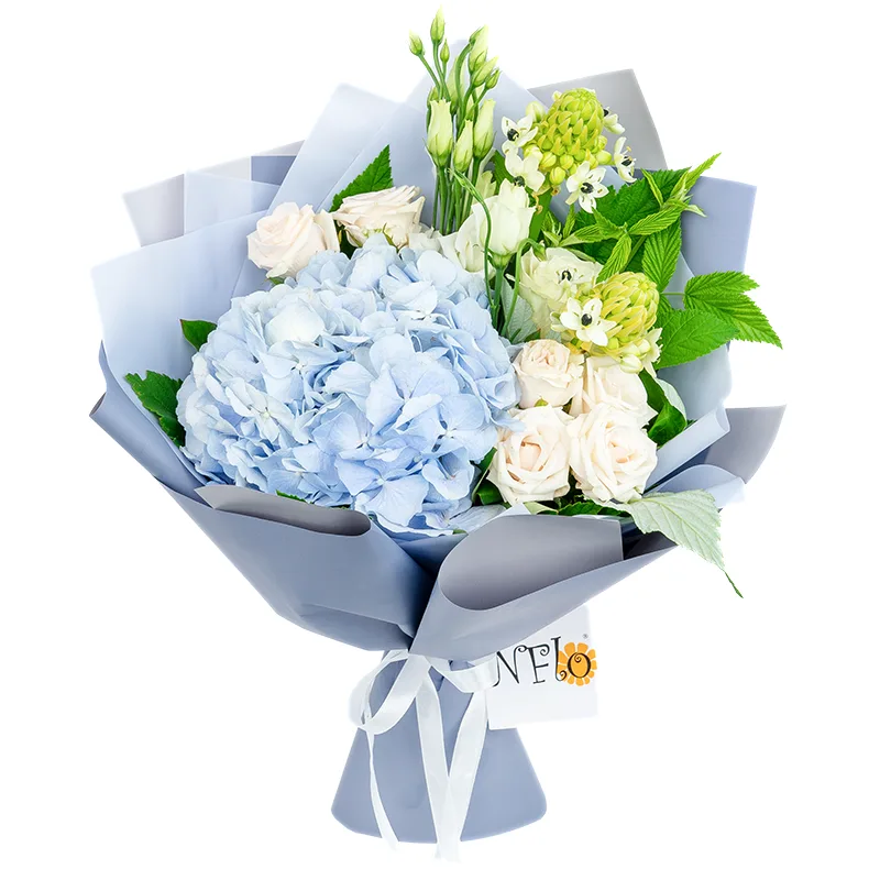 Букет из голубой гортензии, роз, кустовых роз и эустом (01654)