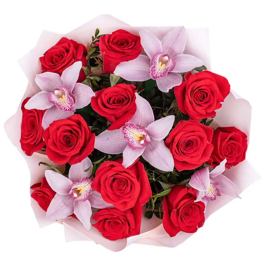 Букет из 17 цветов — красных роз Фридом и розовых орхидей Цимбидиум (02475)