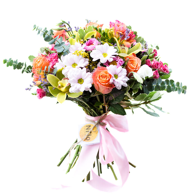 Букет из орхидей, роз, кустовых роз, астр, эустом и хризантем (00271)