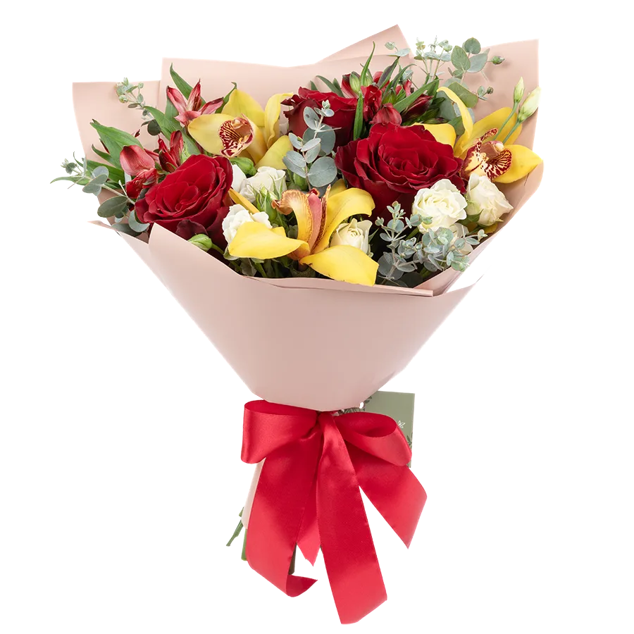 Букет из роз, кустовых роз, орхидей, и альстромерий (03888)
