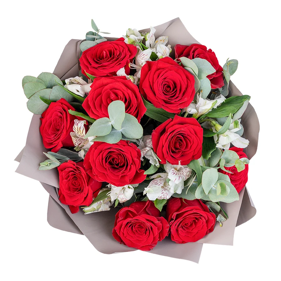 Букет из 15 цветов — красных роз Фридом и белых альстромерий (03235)