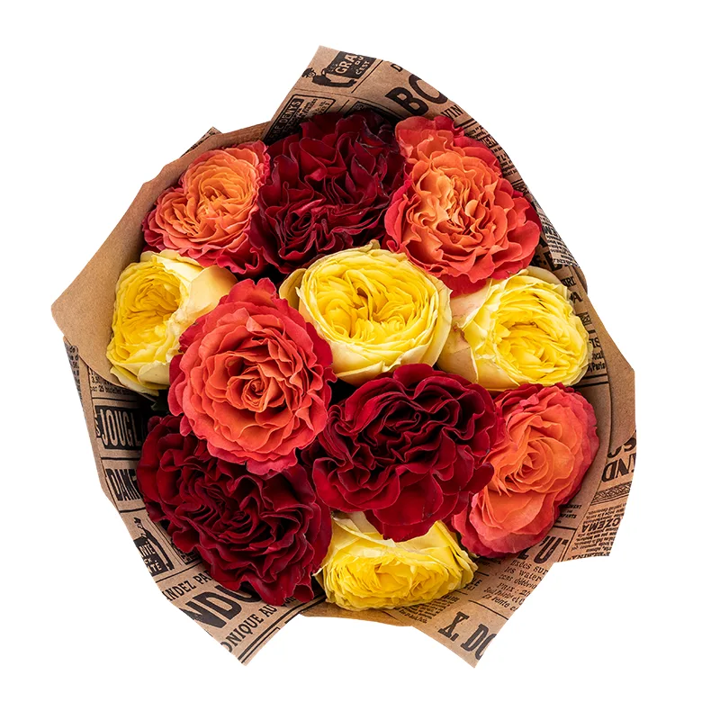 Букет из 11 красных, жёлтых и оранжевых садовых роз (01871)