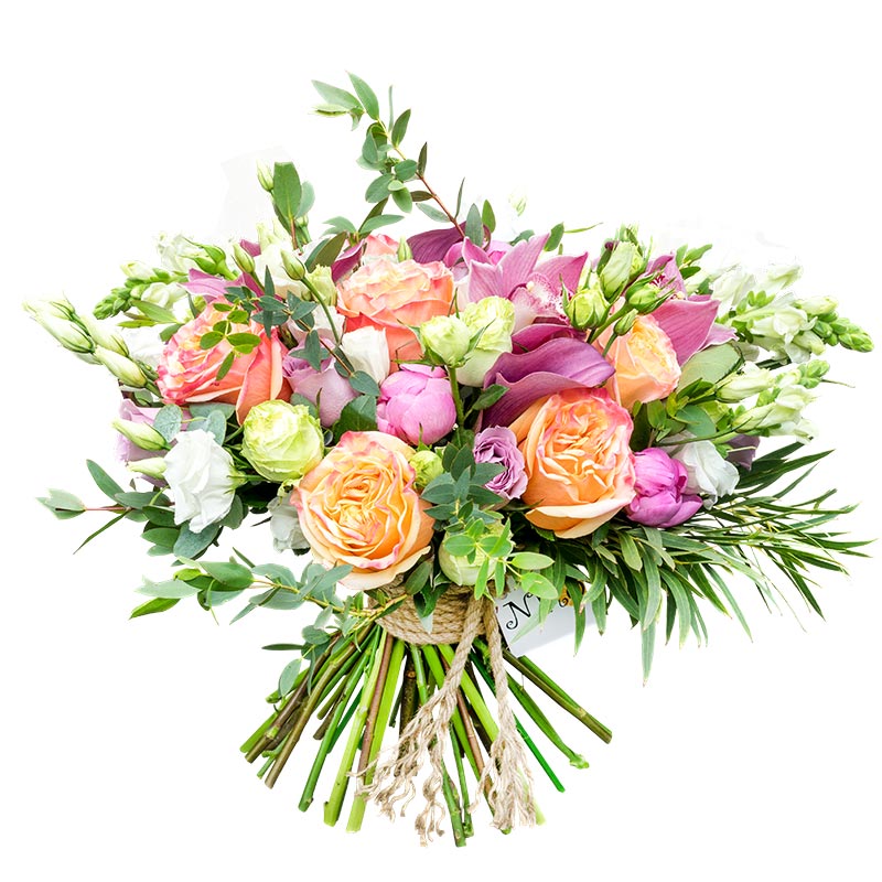 Букет из пионов, роз, орхидей, эустом и калл (01037)
