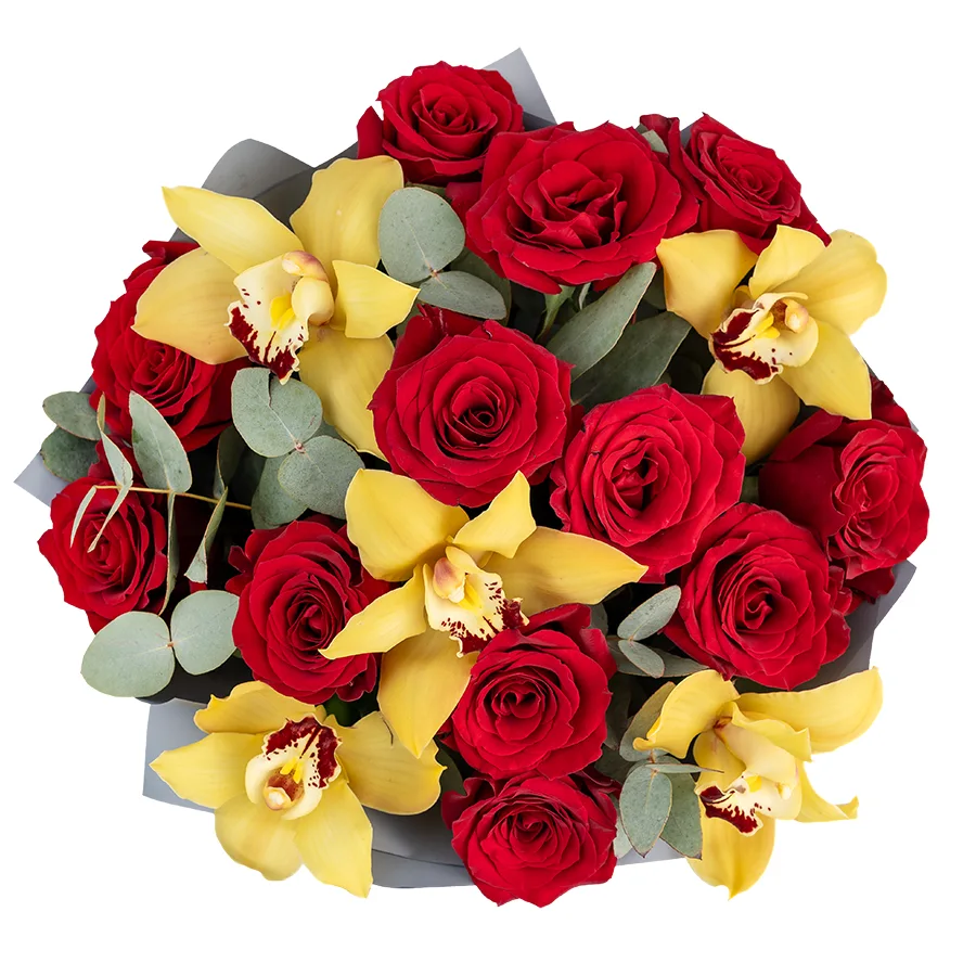 Букет из 17 цветов — красных роз Фридом и желтых орхидей Цимбидиум (02478)