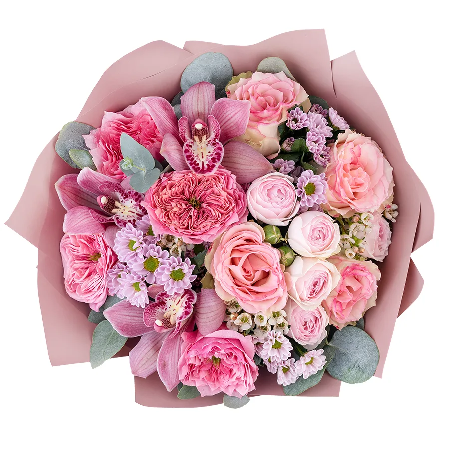 Букет из пионовидных роз, кустовых роз, орхидей и хризантем (02842)