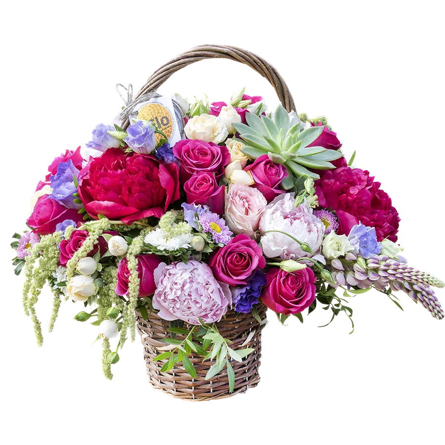 Корзина с пионами, розами, эустомой, каллистефус и эхеверией (00545)