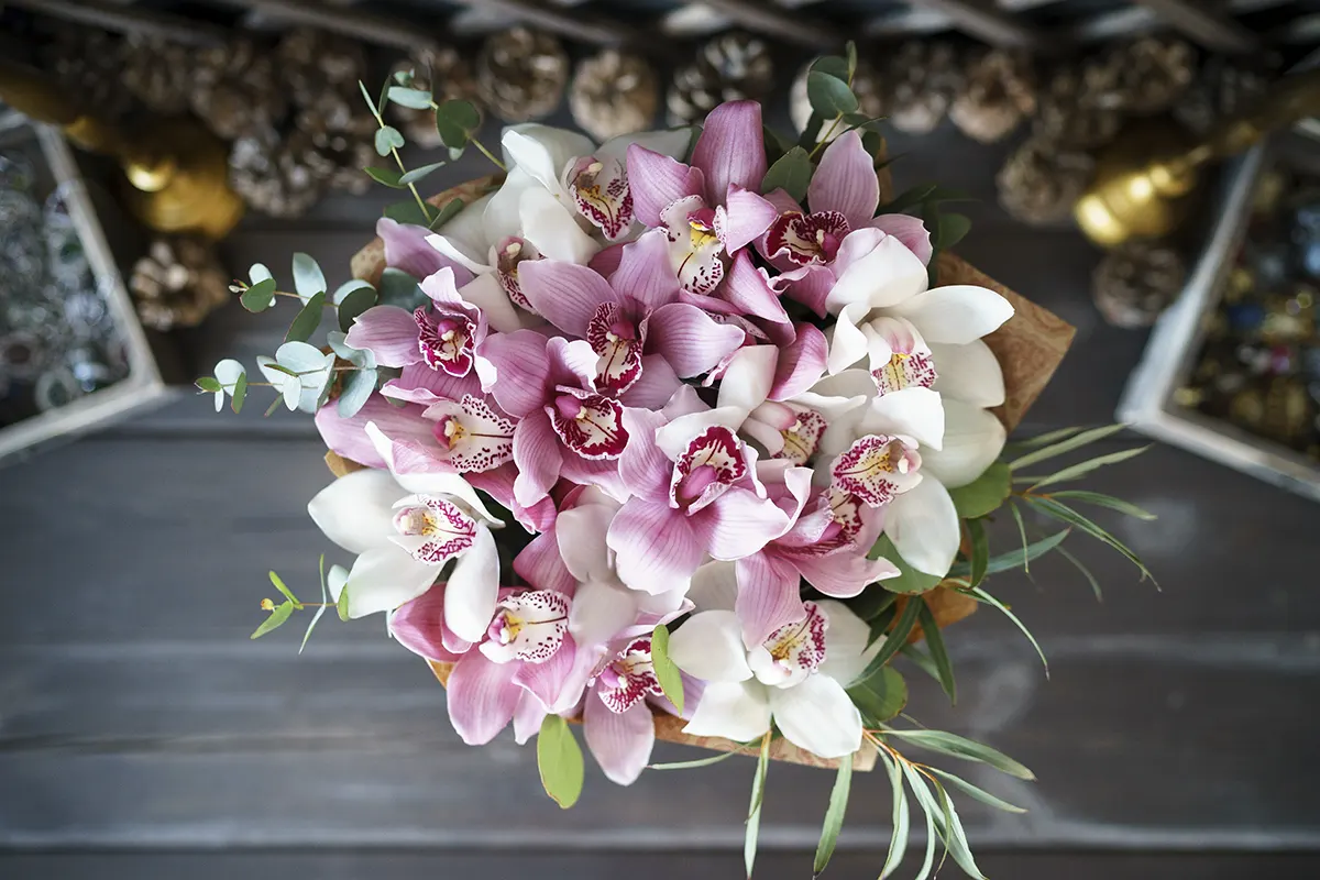 Букет из 19 розовых и белых орхидей Цимбидиум (00909)