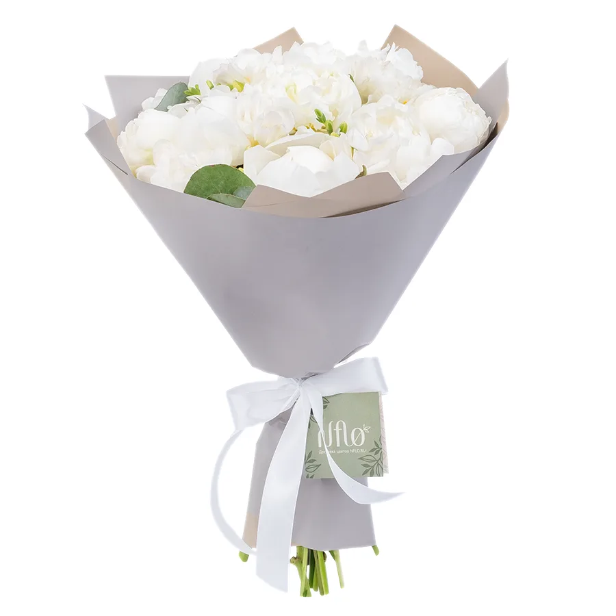 Букет из 21 цветка — ароматных белых пионов и фрезий (02529)