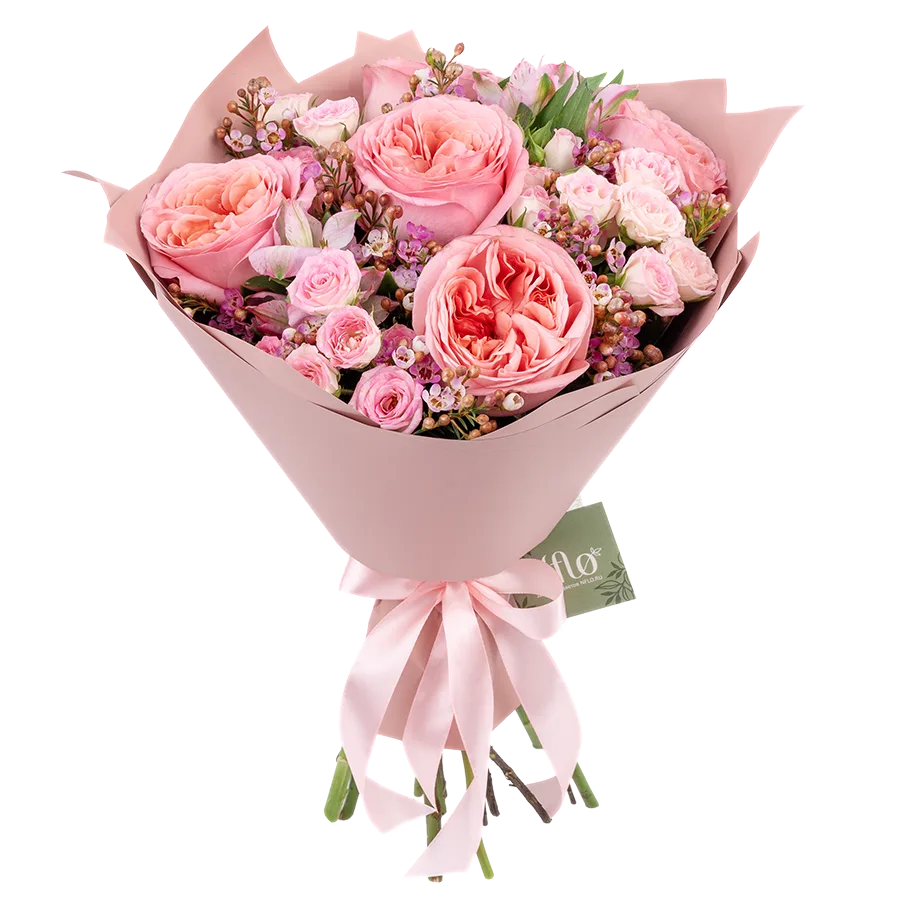 Букет из роз, кустовых роз и альстромерий с хамелациум (03840)