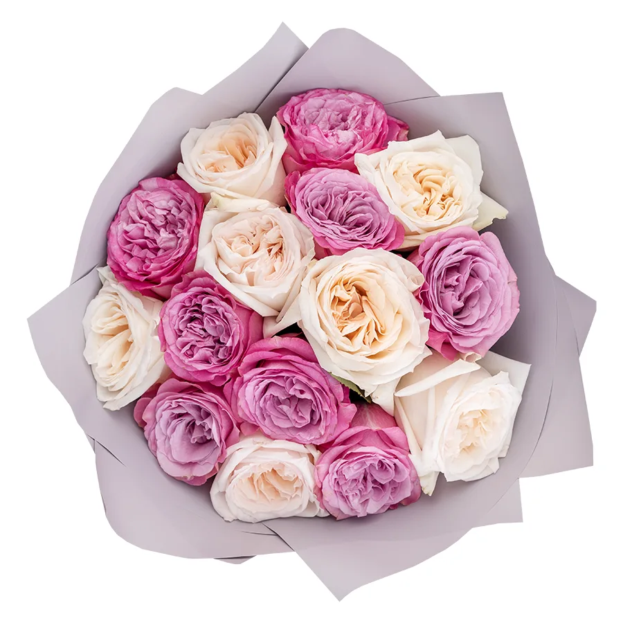 Букет из 15 белых и сиреневых садовых роз Вайт О'Хара и Квинс Краун (02551)