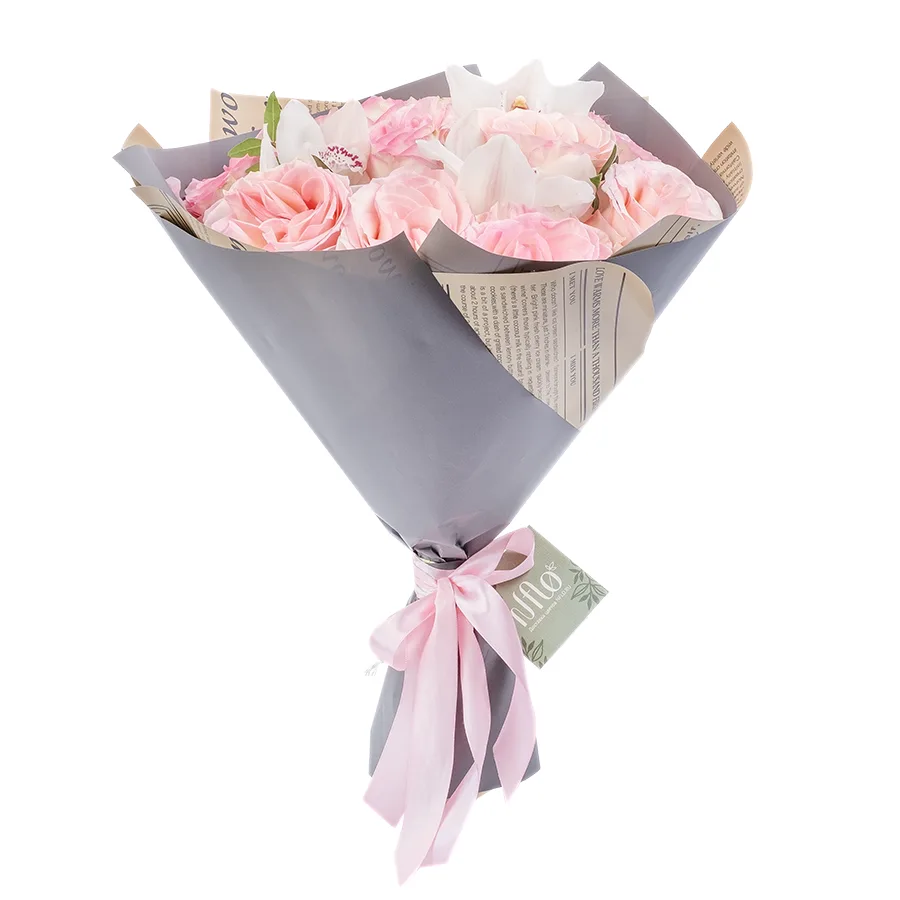 Букет из 13 цветов — розовых роз Эсперанс и белых орхидей Цимбидиум (02469)