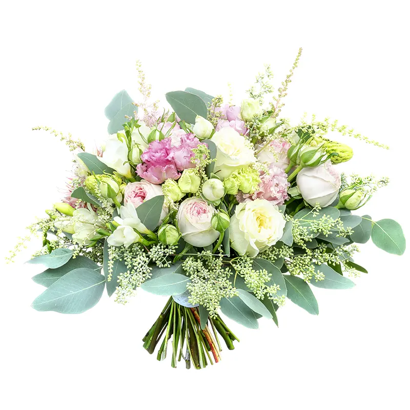 Букет невесты из пионовидных роз, эустом и фрезий с серрурией (01096)