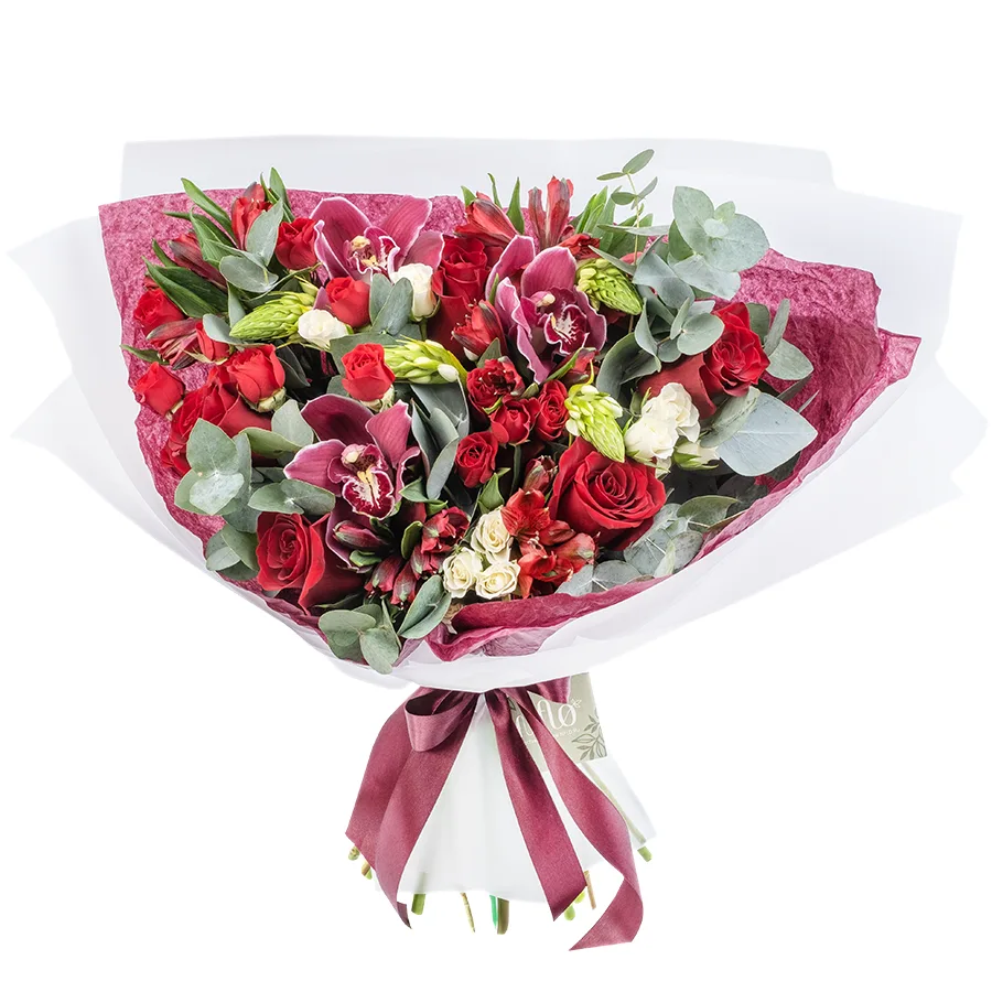 Букет из роз, кустовых роз, орхидей и альстромерий (02505)