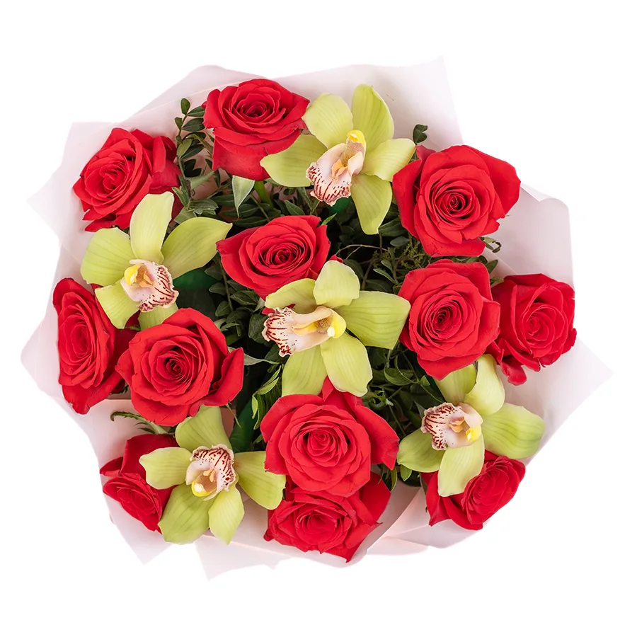 Букет из 17 цветов — красных роз Фридом и зеленых орхидей Цимбидиум (02433)