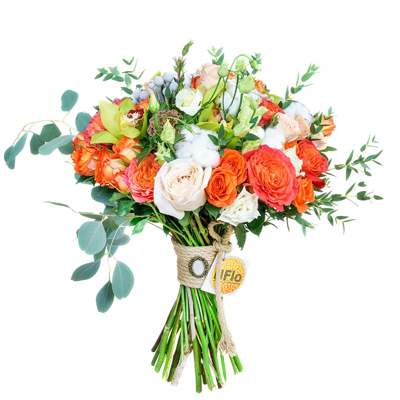 Букет из роз, орхидей и эустом с хлопчатником и шишками (00668)