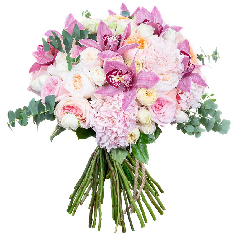Букет из пионовидных роз, гортензий и орхидей (01062)