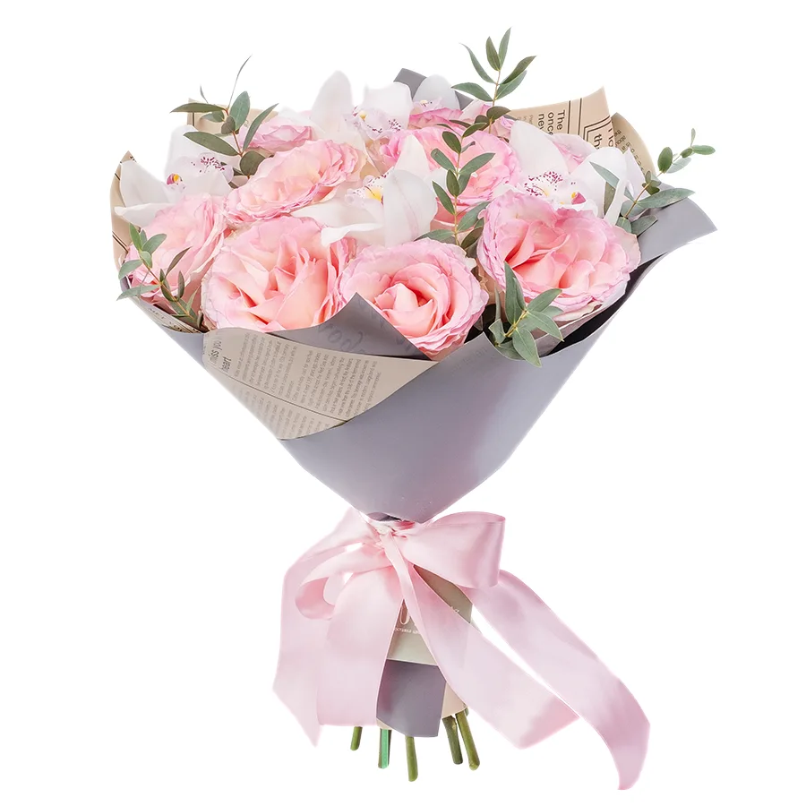 Букет из 17 цветов — розовых роз Эсперанс и белых орхидей Цимбидиум (02429)
