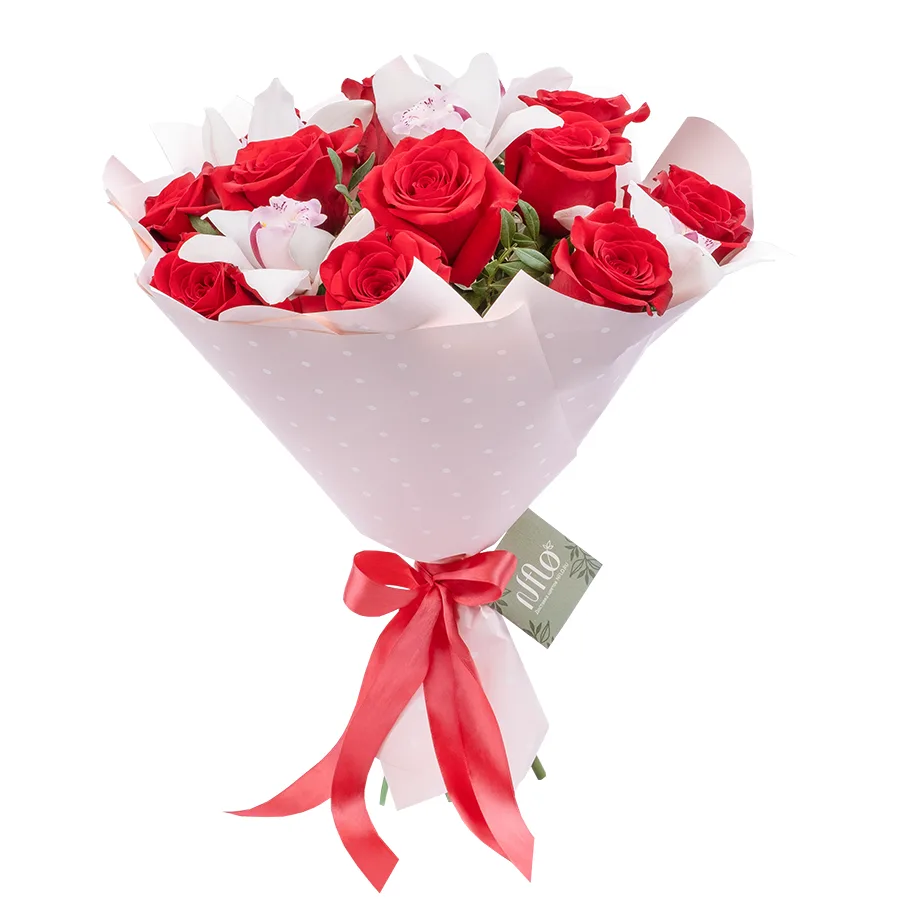 Букет из 17 цветов — красных роз Фридом и белых орхидей Цимбидиум (02472)